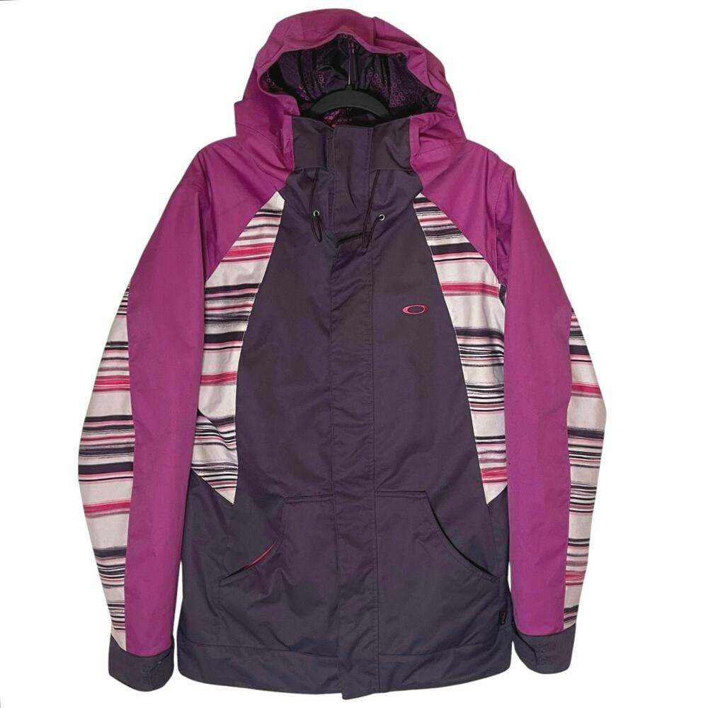 Oakley Y2K Women’s Ski Snowboard Jacket Purple Pink Stripe Hooded Large Gorpcore